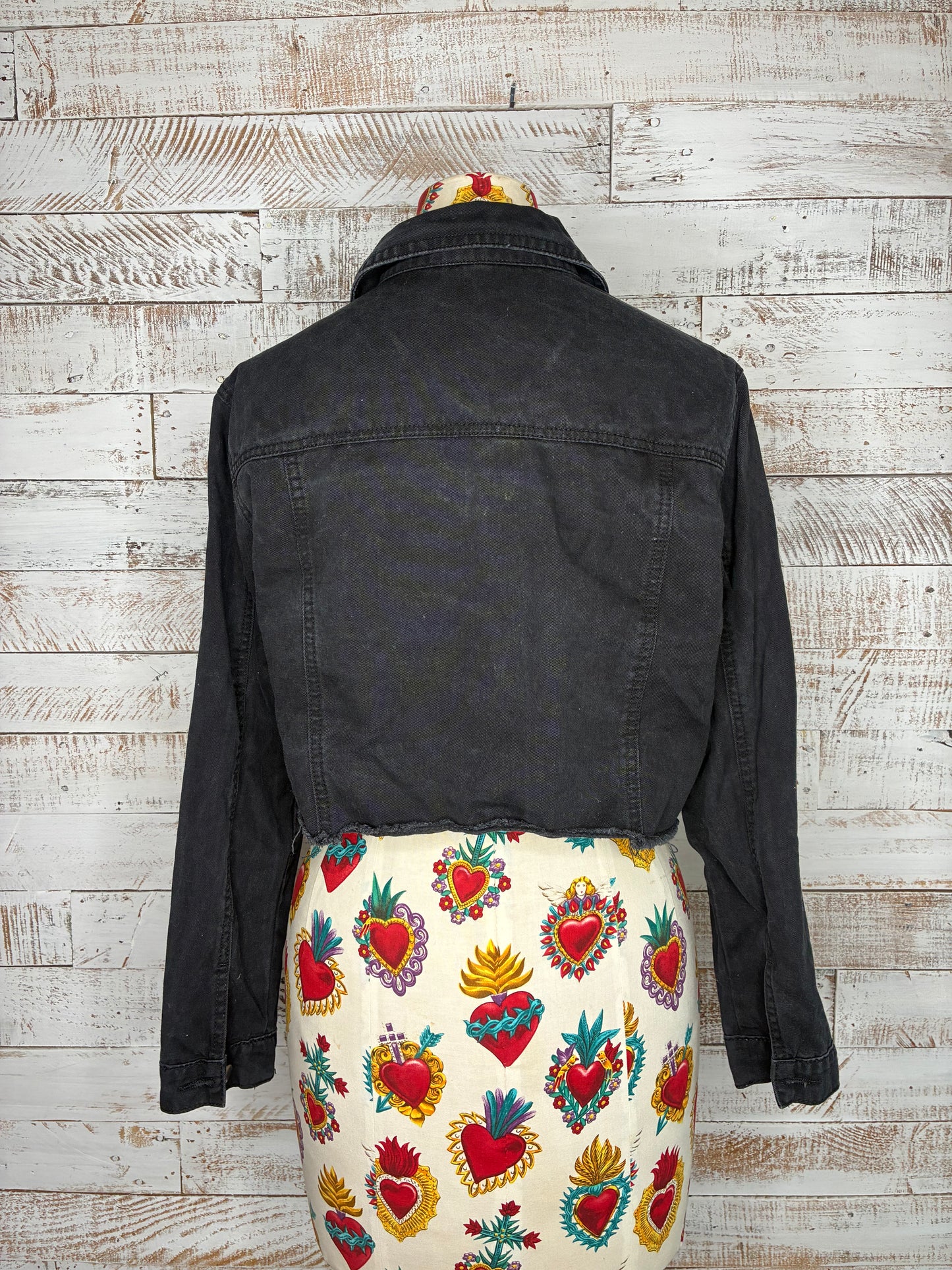 Cropped light denim jacket in black with patches - one of a kind!