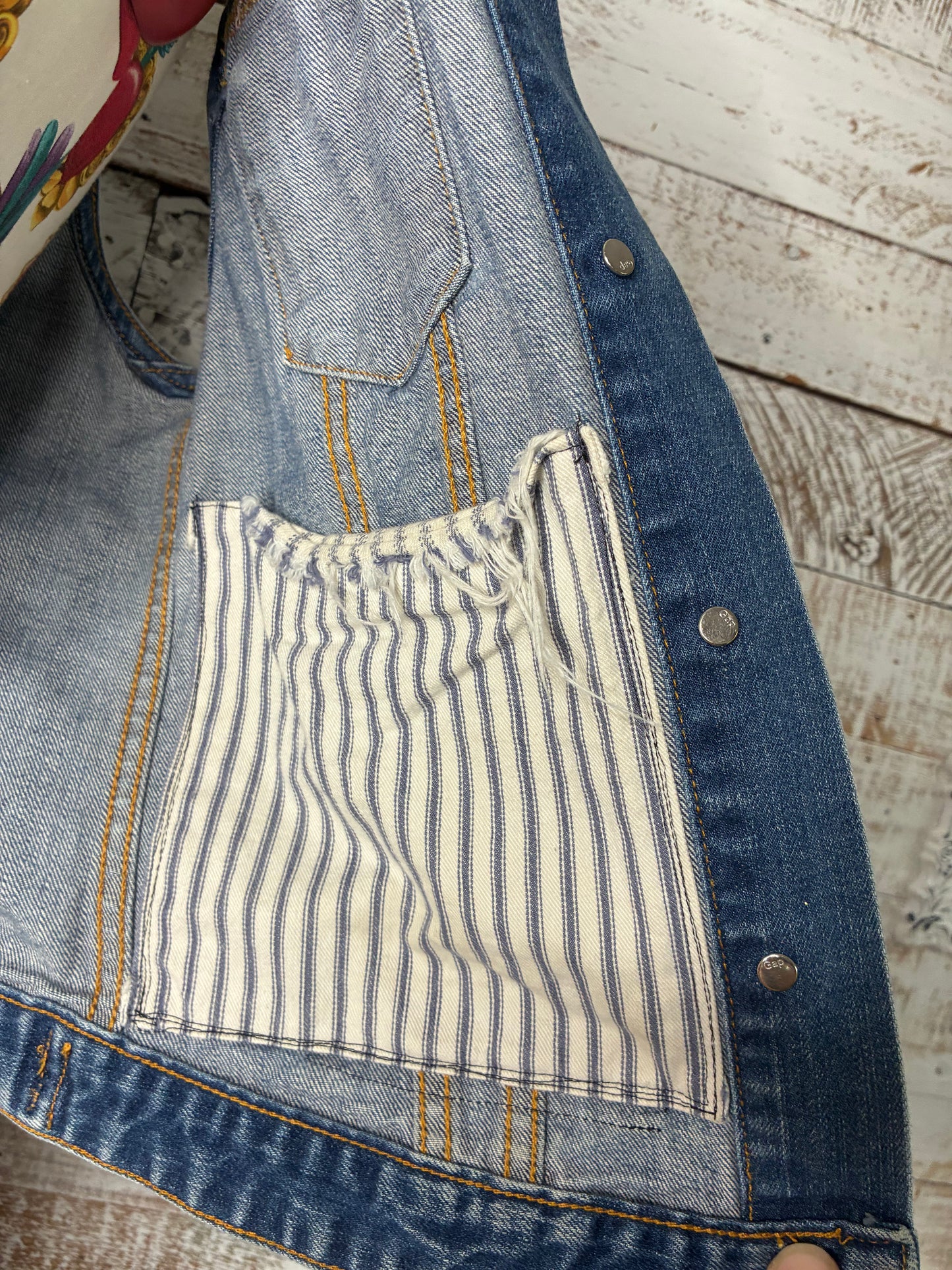 Ghost Wolves denim vest with 2 sewn on block printed patches - one of a kind!