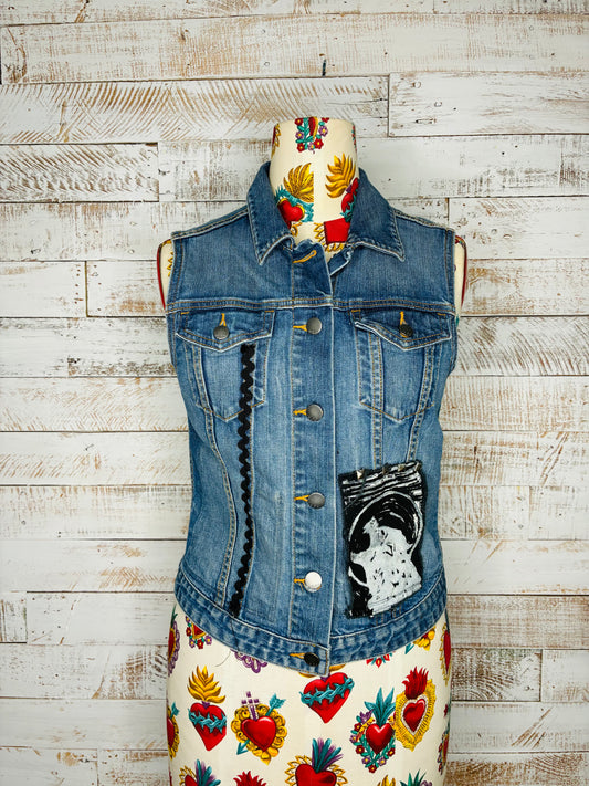Ghost Wolves denim vest with 2 sewn on block printed patches - one of a kind!