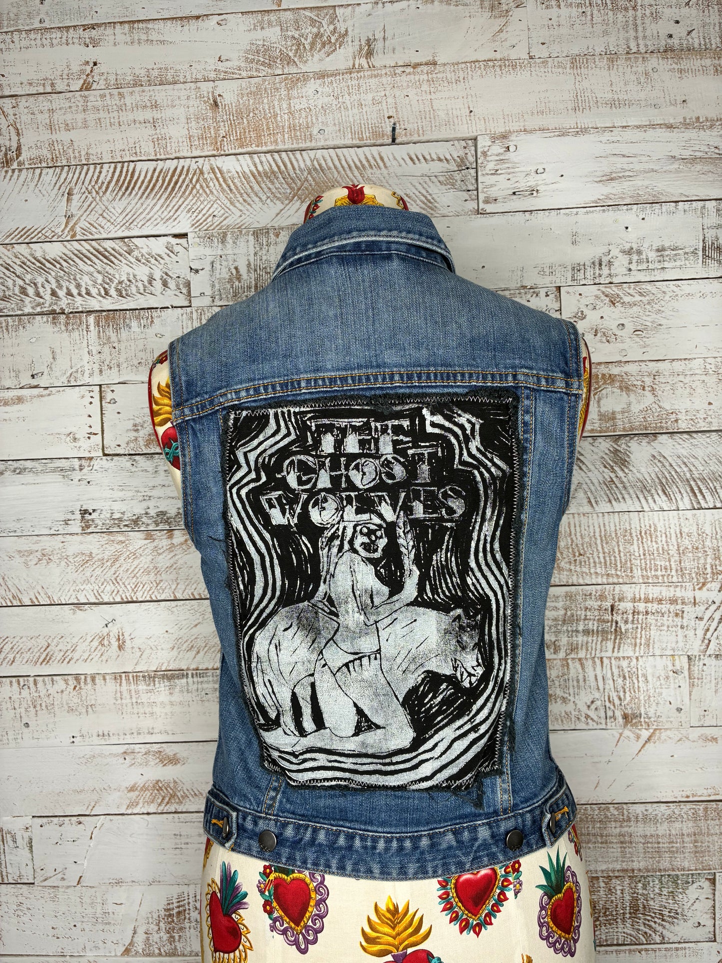 Ghost Wolves denim vest with 2 sewn on block printed patches - one of a kind!