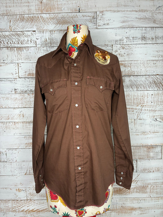 Brown western pearl snap w/ red wolf patch - one of a kind!