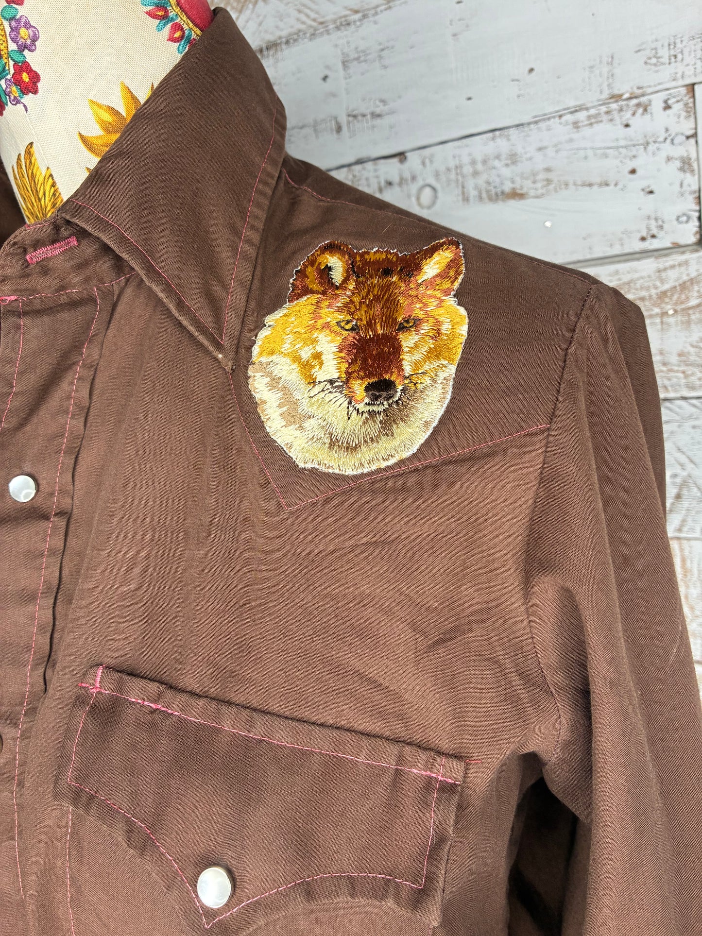 Brown western pearl snap w/ red wolf patch - one of a kind!