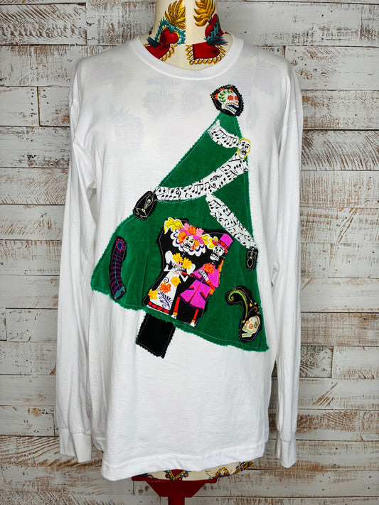 Starwolf long sleeve white Skeleton Christmas Tree appliqué.